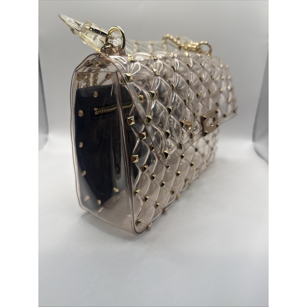 Clear Quilted Rockstud Shoulder Bag Gold Chain Strap PVC Transparent Black Pouch - Picture 9 of 9